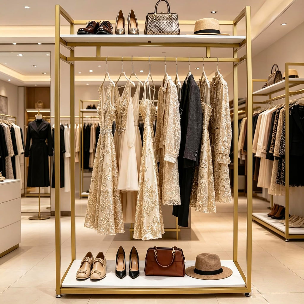 71' Tall Gold Clothing Racks Boutiques Retail Display Stand | Wedding Dress Rack Heavy Duty Garment Rack Standing Dress Racks for Hanging Long Dresses Clothes Shoes Bags Organizer
