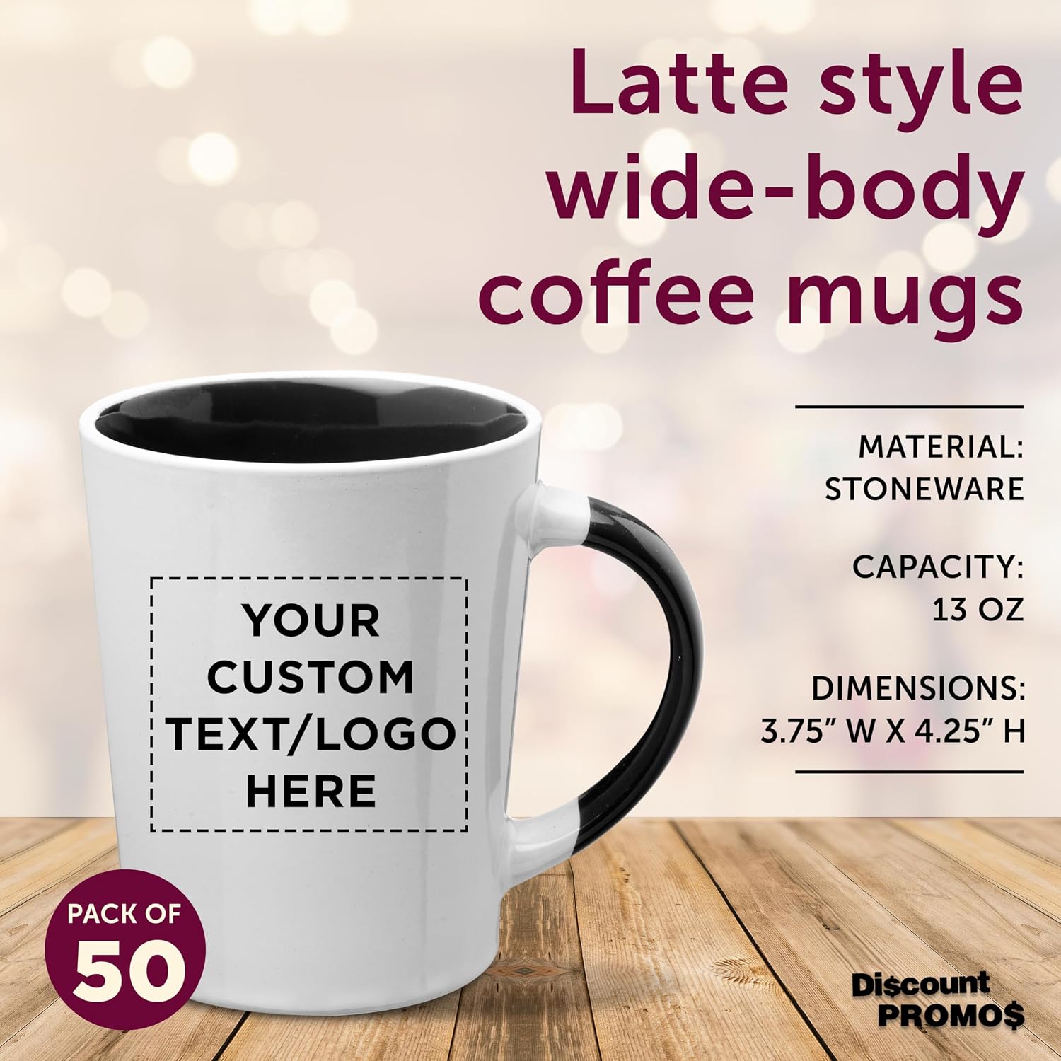 Custom Ceramic Latte Coffee Mugs by Albany 13 oz. Set of 50, Personalized Bulk Pack - Perfect for Coffee, Tea, Espresso, Hot Cocoa, Other Beverages - Black