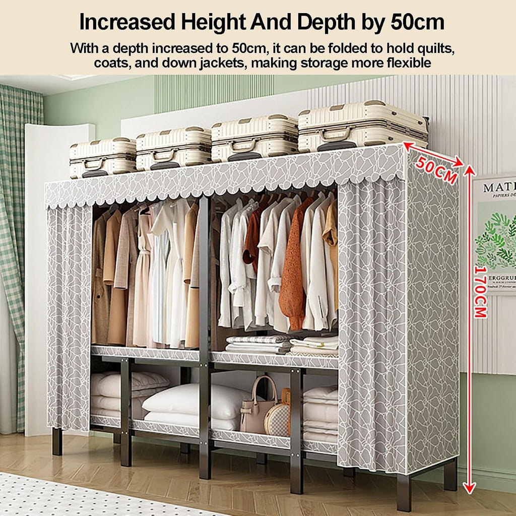 Foldable Closet Wardrobe, Garment Racks For Hanging Clothes, Heavy-Duty Clothe Rack With Cover, Metal Covered Clothing Rack, Freestanding Coat Armoire Storage(A,170cm)