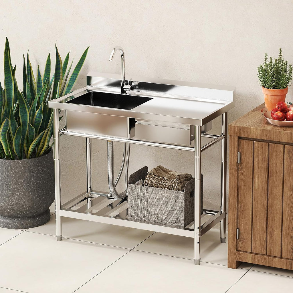Stainless Steel Utility Sink, 39'' Free Standing Single Bowl Kitchen Sink with Right Drawer, Cold and Hot Water Pipe, Indoor and Outdoor for Laundry Room Farmhouse Kitchen(39 inch)