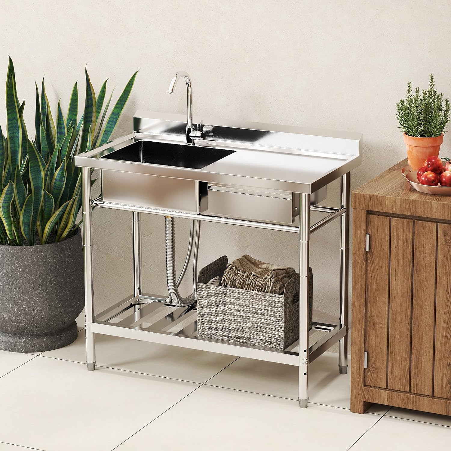 Stainless Steel Utility Sink, 39'' Free Standing Single Bowl Kitchen Sink with Right Drawer, Cold and Hot Water Pipe, Indoor and Outdoor for Laundry Room Farmhouse Kitchen(39 inch)