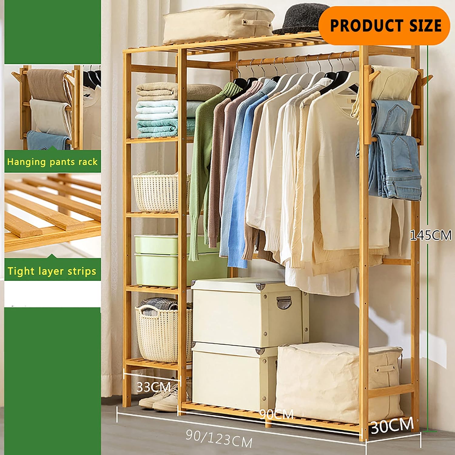 Bamboo Clothes Rack, 5-Tier Storage Shelves Clothes Hanging Rack, with Side Hooks, Multifunctional Storage Shelf Organizer
