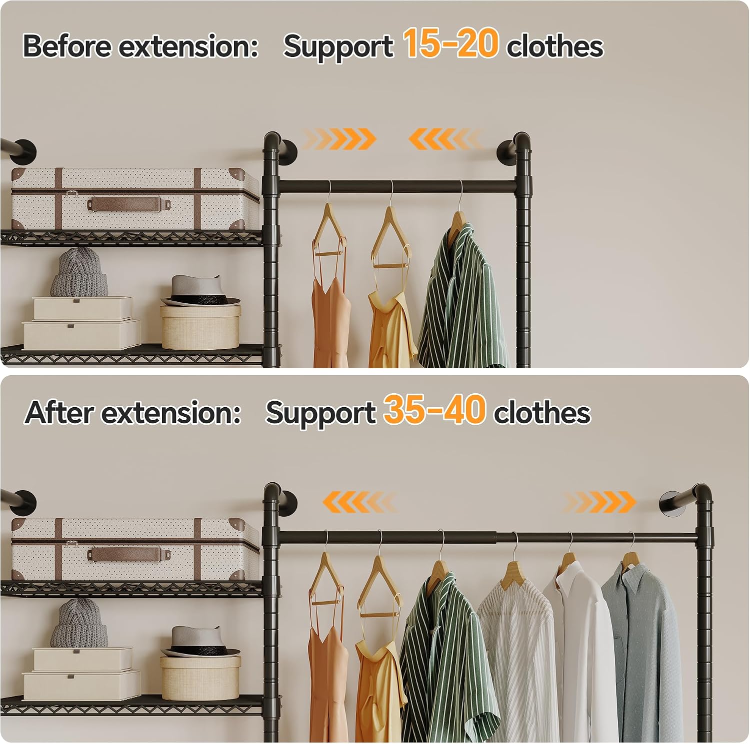Higeego W3 Industrial Pipe Clothing Rack, Wall Mounted Clothes Rack Closet Wardrobe System with Expandable Hanger Rods Adjustable Storage Shelves, Heavy Duty Corner Walk-in Closet System, Black