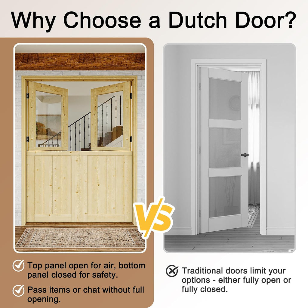 Interior Double Dutch Door Slab, 60' x 80', Universal Tempered Clear Glass Split Single Doors, Solid Core Home Door, Natural Pine Wood - with 8 Black Hinges & 2 Latch, Without Jamb
