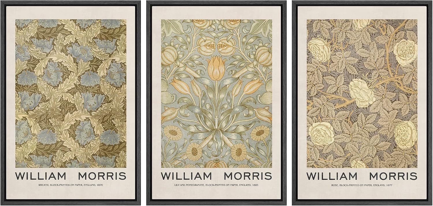 MUDECOR Framed Canvas Print Wall Art Set William Morris Floral Tapestry Pattern Nature Wilderness Wilderness Illustration Modern Art Decorative Realism Rustic Vintage for Bedroom - 24'x36'x3 Black