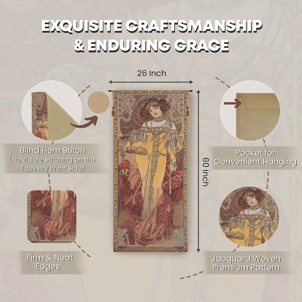 Charlotte Home Furnishings Inc - Mucha Autumn Belgian Premium Tapestry Wall Hanging | 60x26 in Viscose Polyester Blend Boho Vintage Woven Wall Tapestry for Home & Wall Art by Alphonse Mucha