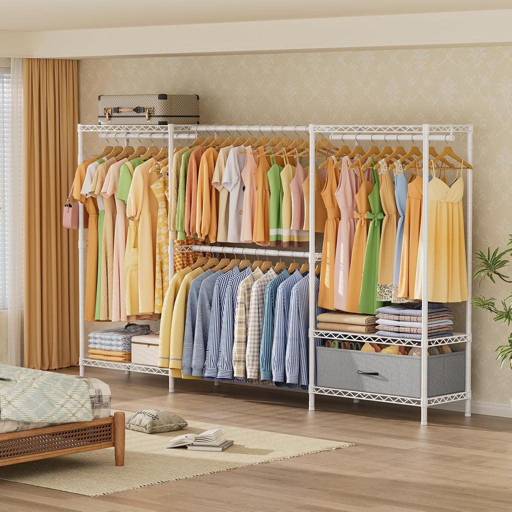 Golpart Coat Rack Clothes Wardrobe：Closet Organizer and Storage Clothing Garment Rack with Shelves Heavy Duty for Hanging Clothes Portable Adjustable White 15.8' DX(70-88)' WX76.5 H