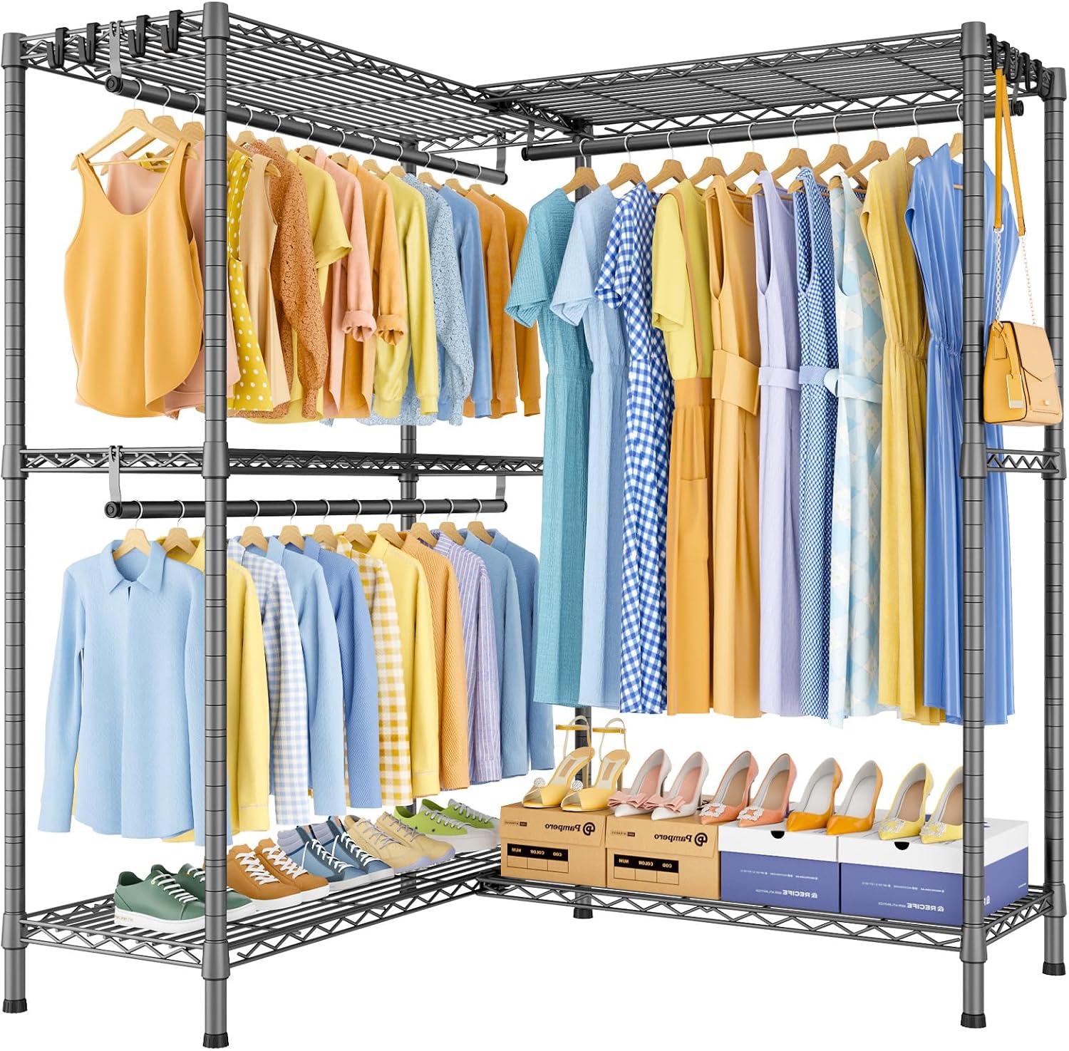 ULIFHOME E15 Pro Garment Rack L Shaped Clothes Rack for Corner，Freestanding Clothing Racks for Hanging Clothes，Heavy Duty Closet System with 4 Hanging Rods & 8 S Hooks，48.8'W x 15.8'D x 78.4'H，Grey