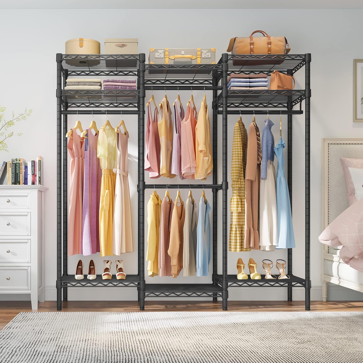 VIPEK V5i Garment Rack Bedroom Armoires Freestanding Closet Organizer, Portable Wardrobe Closet Heavy Duty Clothing Rack with 8 Adjustable Shelves & 4 Hang Rods, 56.7' Lx15.7 Wx76.4 H, Black (Medium)