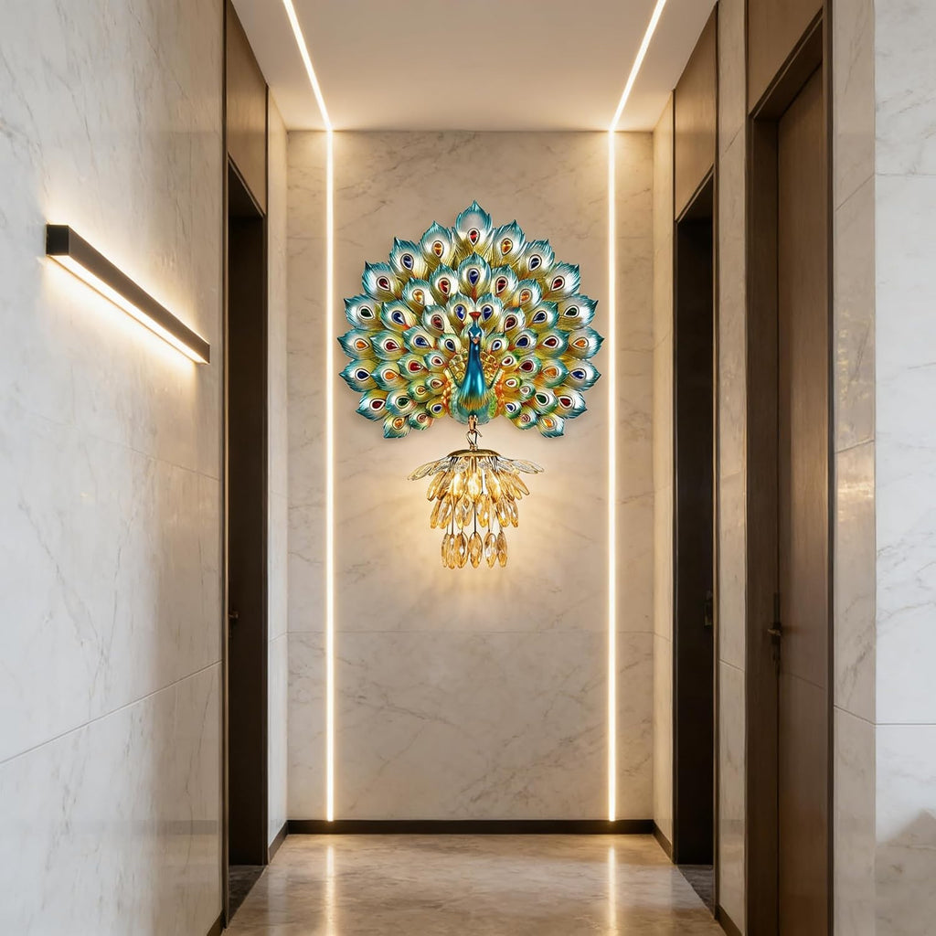 Modern Large Wall Sconce Crystal Glass Wall Mouunt Light Blue Resin Peacock Decorative Light E26 15.7' Wall Light Fixture for Bedroom Living Room Dining Room Hallway