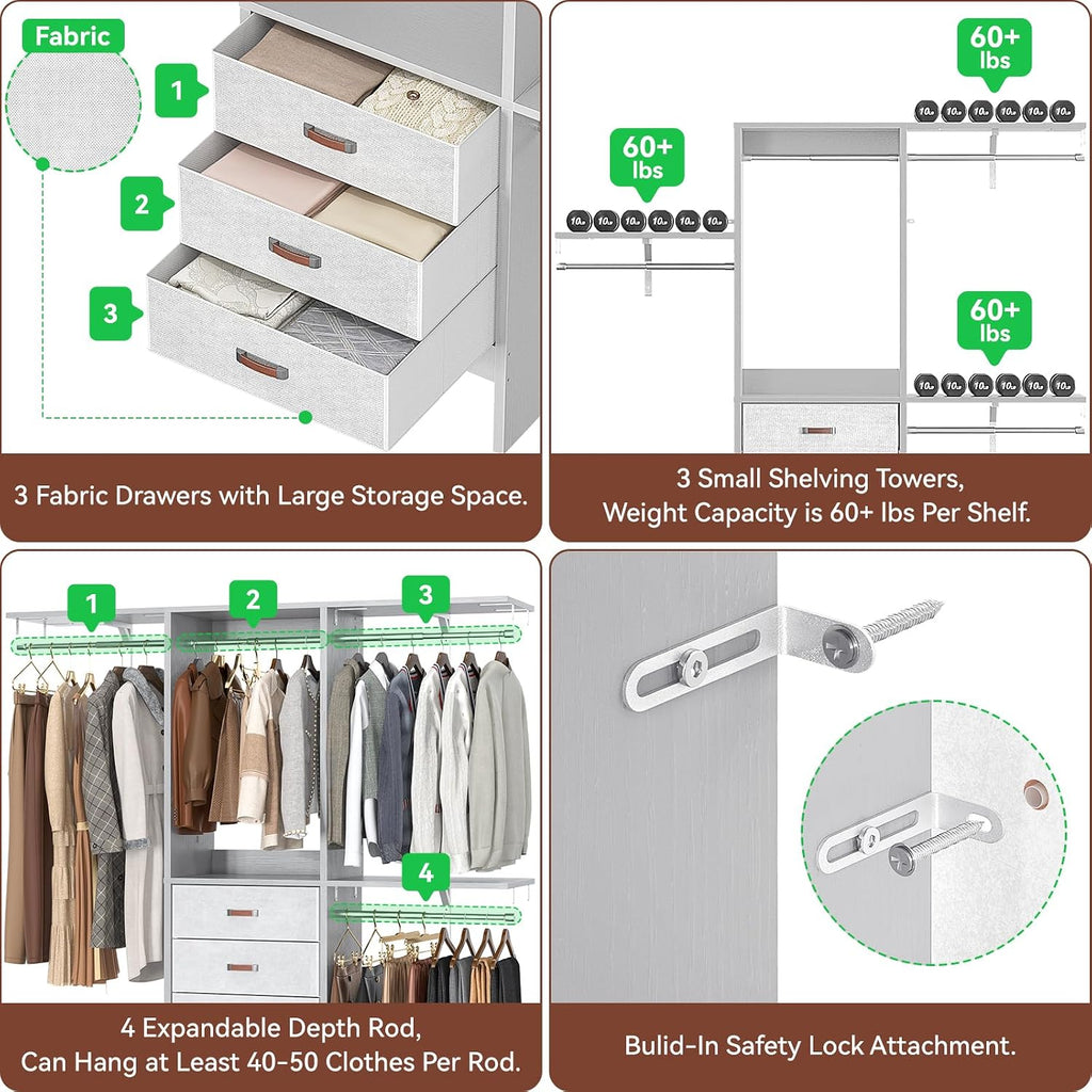 Armocity 5FT Small Closet System with 3 Fabric Drawers, 60 Inches Walk In Closet Organizer System With 3 Adjustable Shelves, Heavy Duty Clothes Rack Built-In Garment Rack, 59' L x 16' W x 71' H, Grey