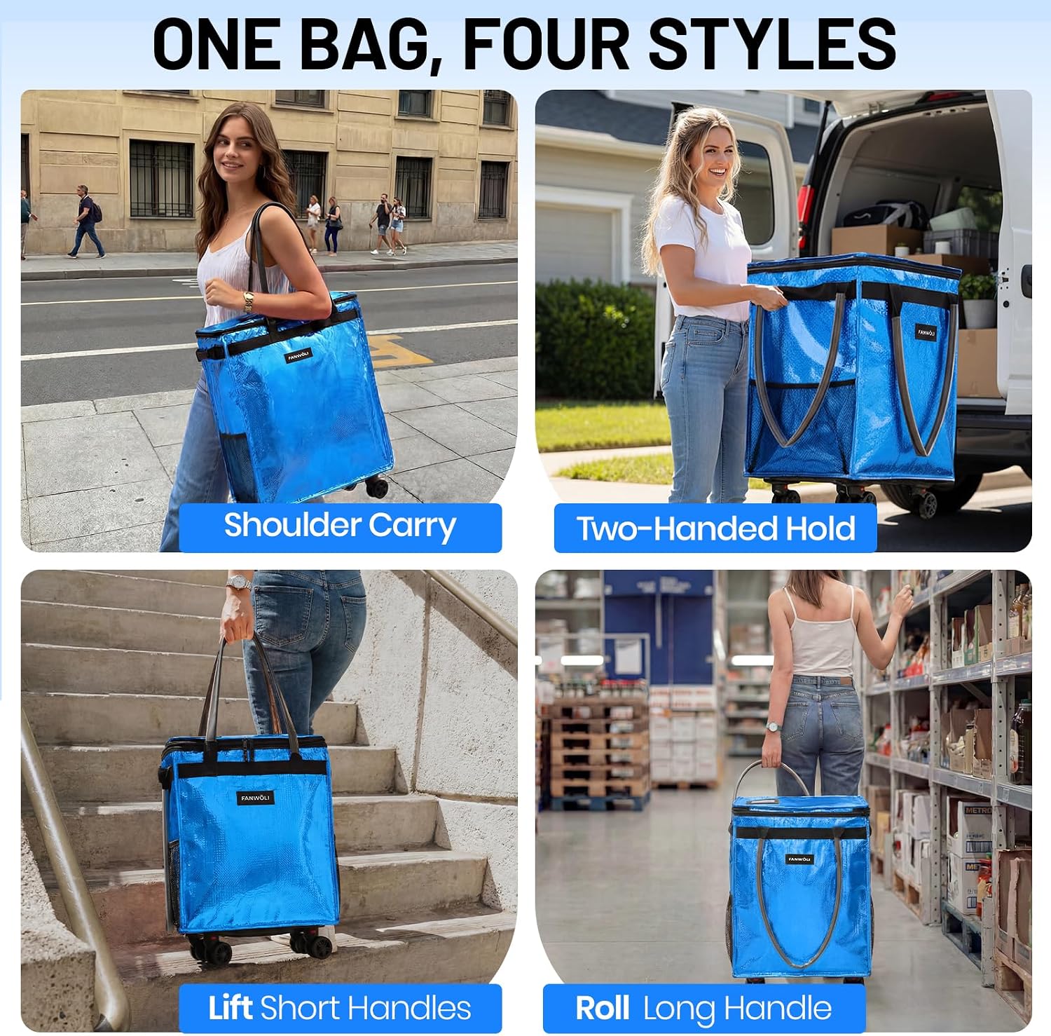 Fanwoli Dancer's Mobile Combo:80L Reusable Grocery Bag on Wheels + 23' Dance Bag with Garment Rack|Upgrade Stability, Simplify Your Move| Ideal for Competitions, Rehearsals & Daily Errands