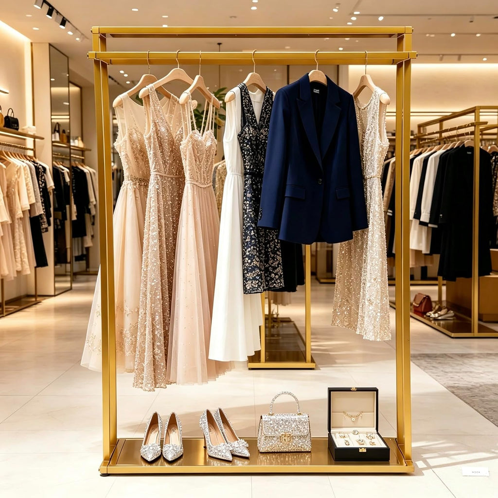 Double Rod Gold Clothing Garment Rack Dresses Display W/ 2 Shelves | Heavy Duty Boutiques Retail Display Stand Wedding Dress Racks for Hanging Long Dresses, Shoes Bags Clothes Organize