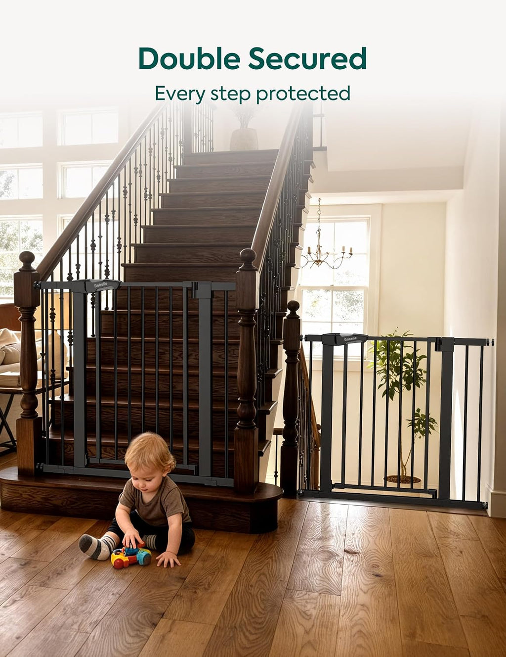 Babelio Baby Gate for Doorways and Stairs, 29-48' Auto Close Dog Gate PressGuard P7, Easy-Install Pressure Mounted Satey Door, No Drilling Safety Gate for Child and Pets, 2 Pack, Black