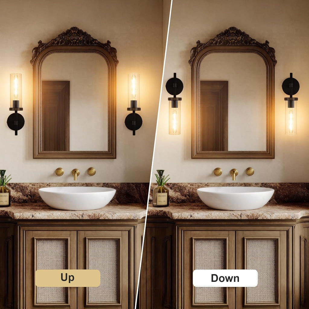 15' Knurled Brass Wall Sconces Set of 2, Black Gold Bathroom Vanity Light Fixtures with Clear Glass Tube, Modern Lamp Lighting for Bedroom, Living Room, Hallway, Staircase, Mirror, Kitchen