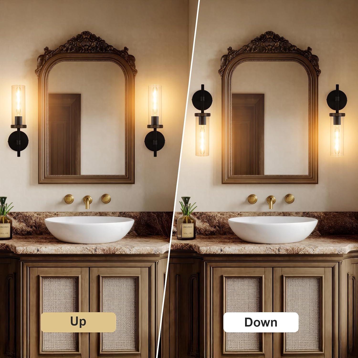 15' Knurled Brass Wall Sconces Set of 2, Black Gold Bathroom Vanity Light Fixtures with Clear Glass Tube, Modern Lamp Lighting for Bedroom, Living Room, Hallway, Staircase, Mirror, Kitchen