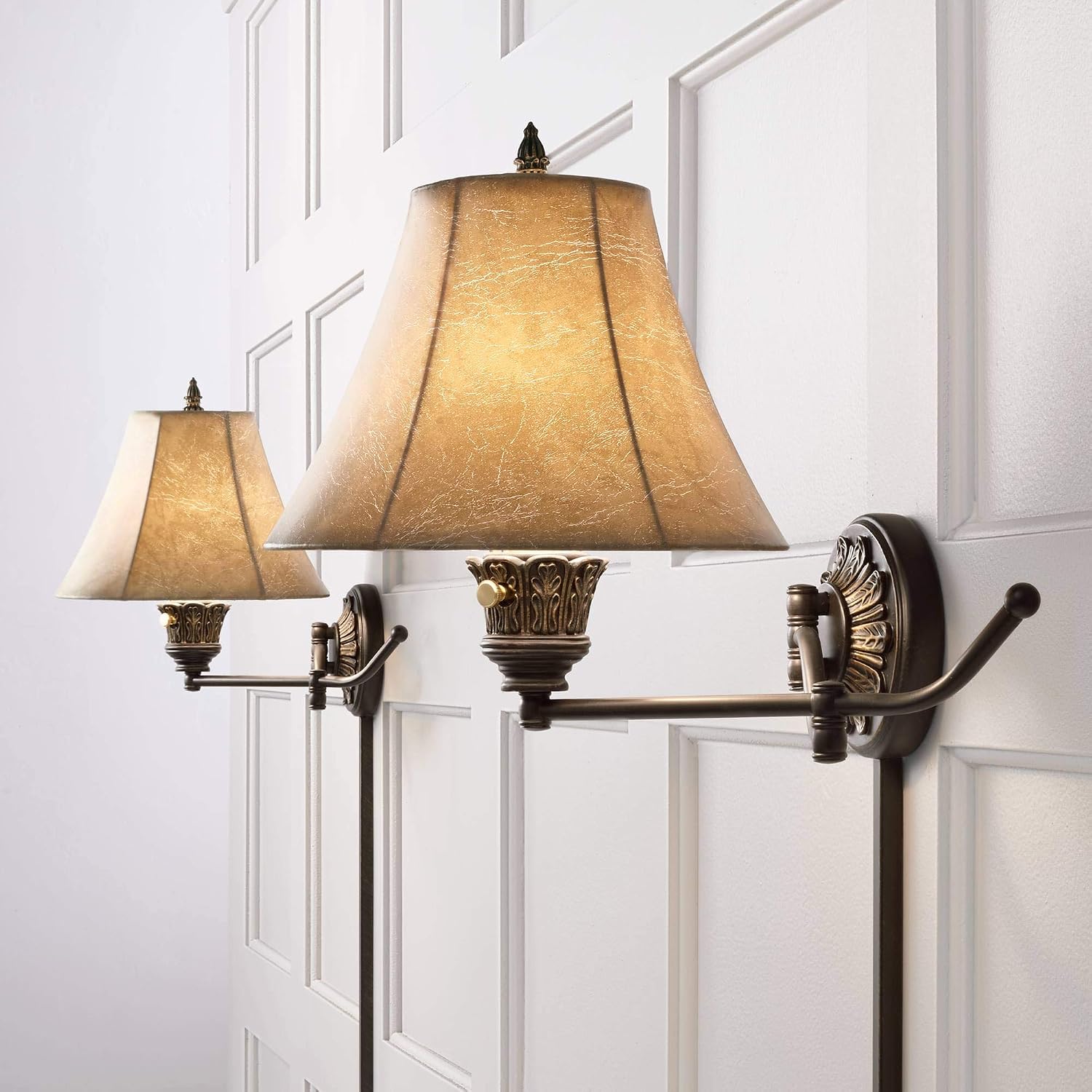 Barnes and Ivy Rosslyn Rustic French Country Swing Arm Wall Lamps Set of 2 Bronze Plug-in Light Fixture Faux Leather Bell Shade for Cottage Core Bedroom Bedside House Reading Living Room Home Dining
