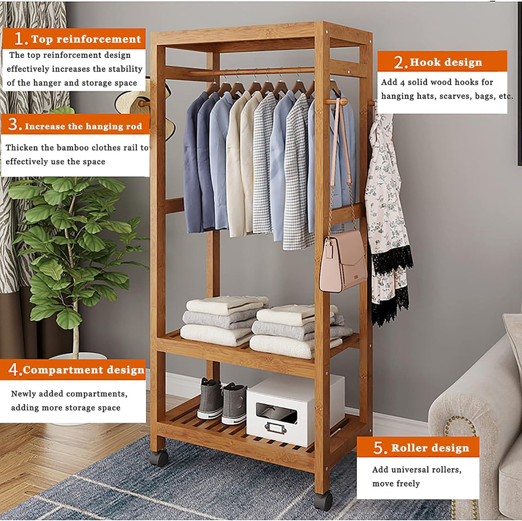 Bamboo Garment Coat Clothes Hanging Heavy Duty Rack with top Shelf and Shoe Clothing Storage Organizer Shelves,with Wheels, for Home Bedroom Entryway