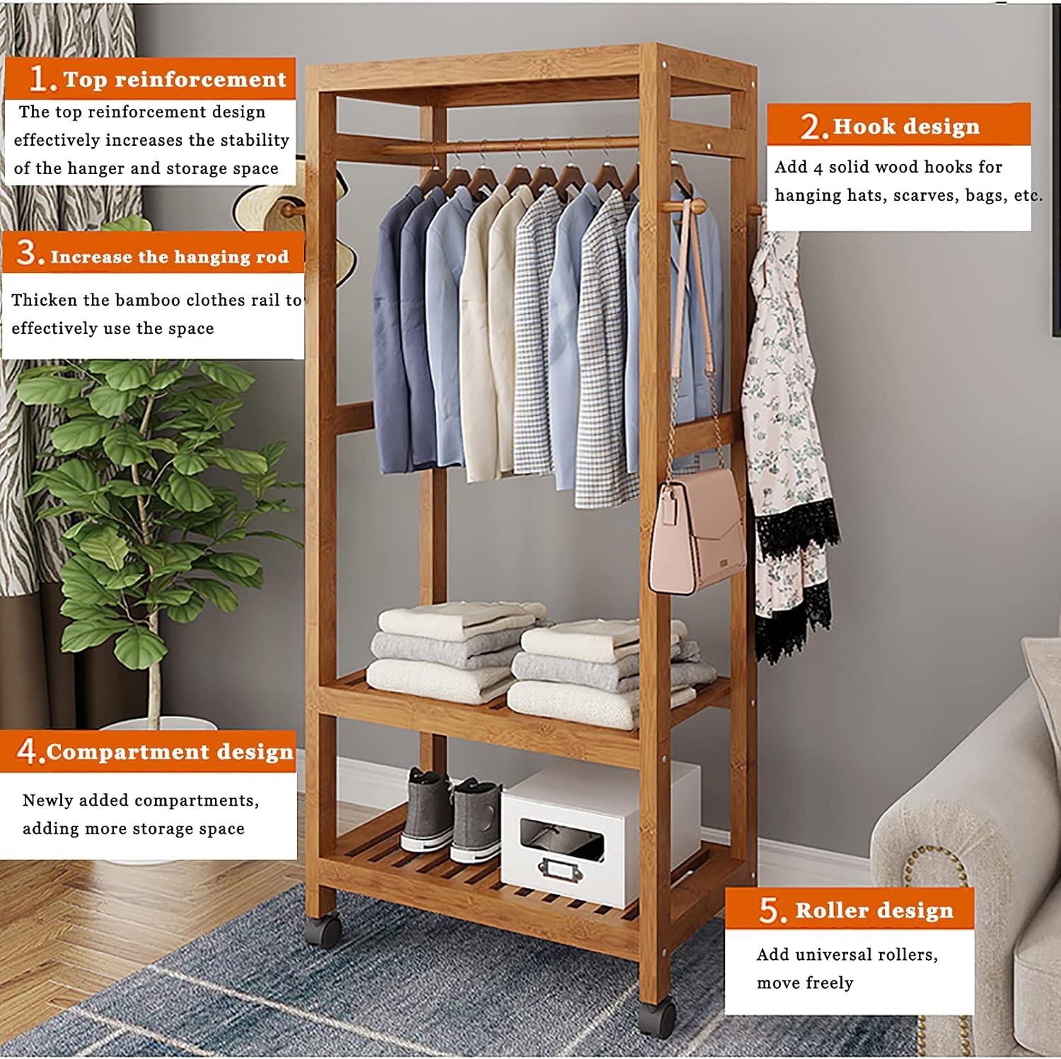 Bamboo Garment Coat Clothes Hanging Heavy Duty Rack with top Shelf and Shoe Clothing Storage Organizer Shelves,with Wheels, for Home Bedroom Entryway