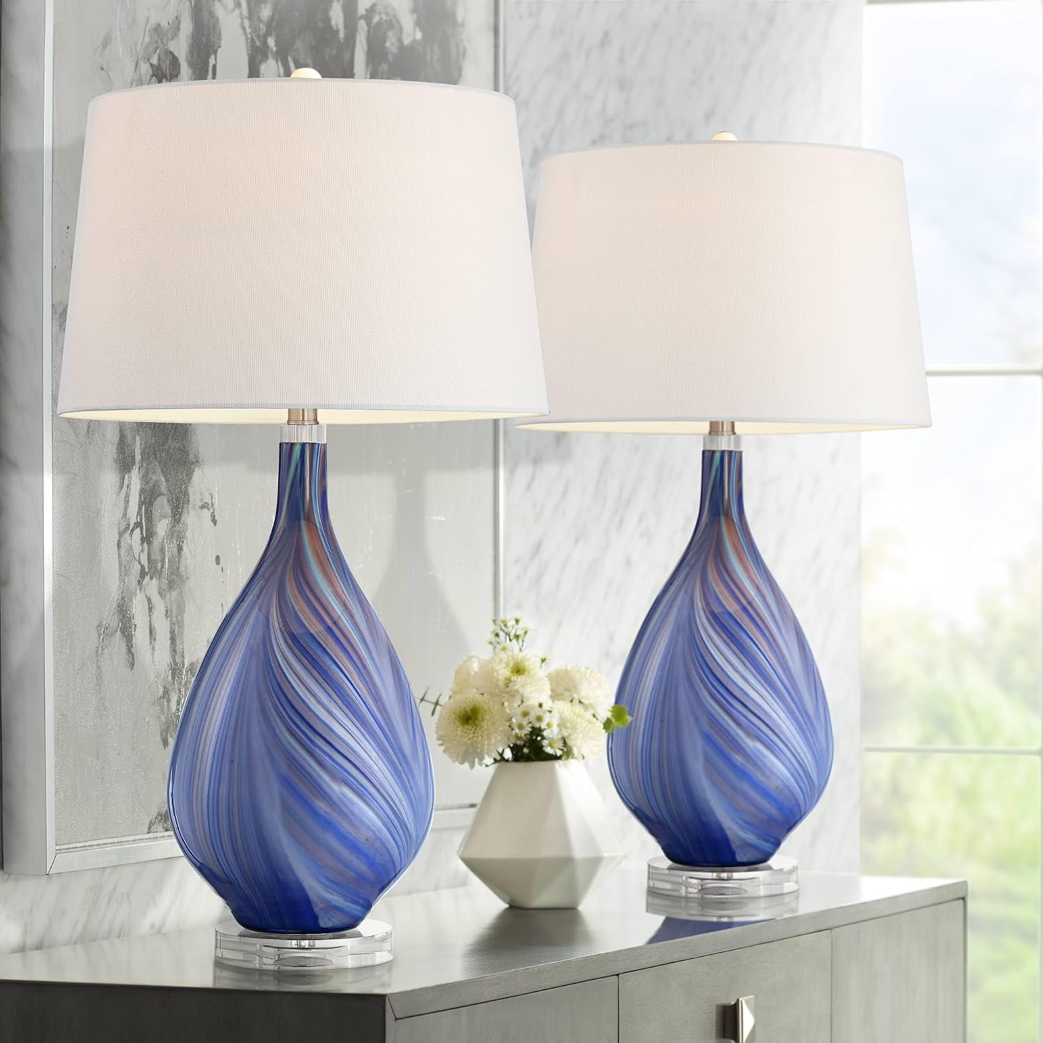 Possini Euro Design Taylor 29' Tall Teardrop Modern Coastal End Table Lamps Set of 2 Blue Art Glass Living Room Bedroom Bedside Nightstand House Office Home Reading White Shade (Colors May Vary)