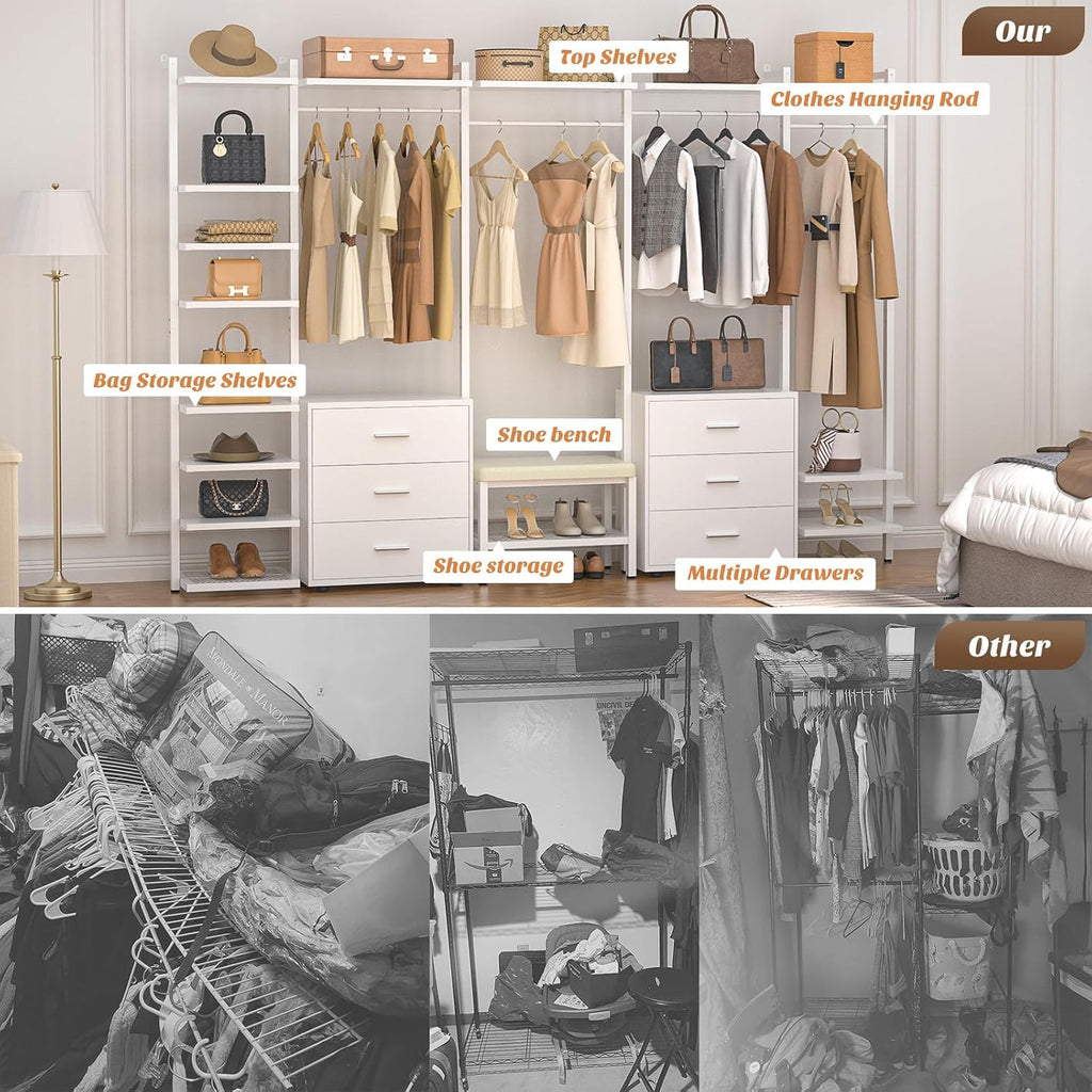 Aheaplus Clothing Rack Heavy Duty Closet System Organizer for Hanging Clothes, 8FT Large Wall Mounted Garment Rack Clothes Rack with 6-Drawers for Wardrobe, Bedroom and as Walk-in Closet System, White