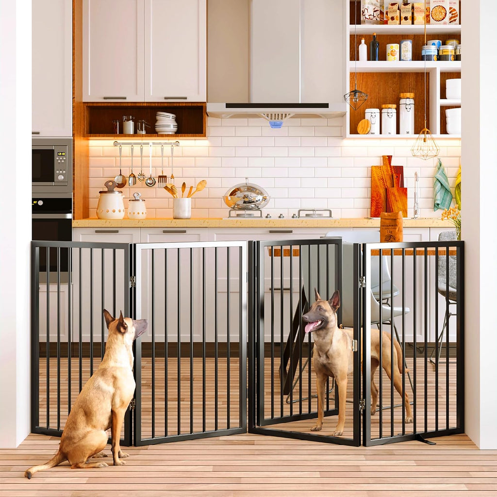 Vantas Folding No-Assembly Metal Pet Gate 80' Wide, 32' Extra Tall Dog Gate with Door Walk Through, Freestanding Accordion Puppy Gate Dog Door for Indoor & Outdoor, with 2PCS Support - Black