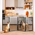 Vantas Folding No-Assembly Metal Pet Gate 80' Wide, 32' Extra Tall Dog Gate with Door Walk Through, Freestanding Accordion Puppy Gate Dog Door for Indoor & Outdoor, with 2PCS Support - Black