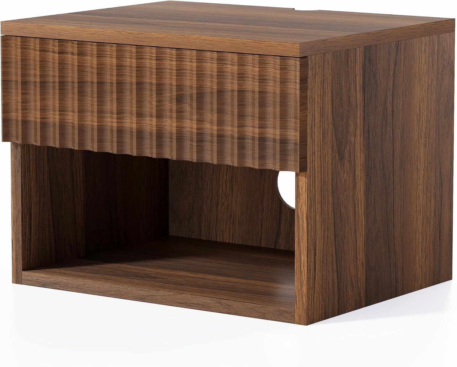 EYYTHUNG Floating Nightstand Set of 2 with Drawer, Fluted Modern Night Stand with Fluted Door and Open Storage Shelf Wall Mounted Bedside Table for Bedroom, Entryway Brown