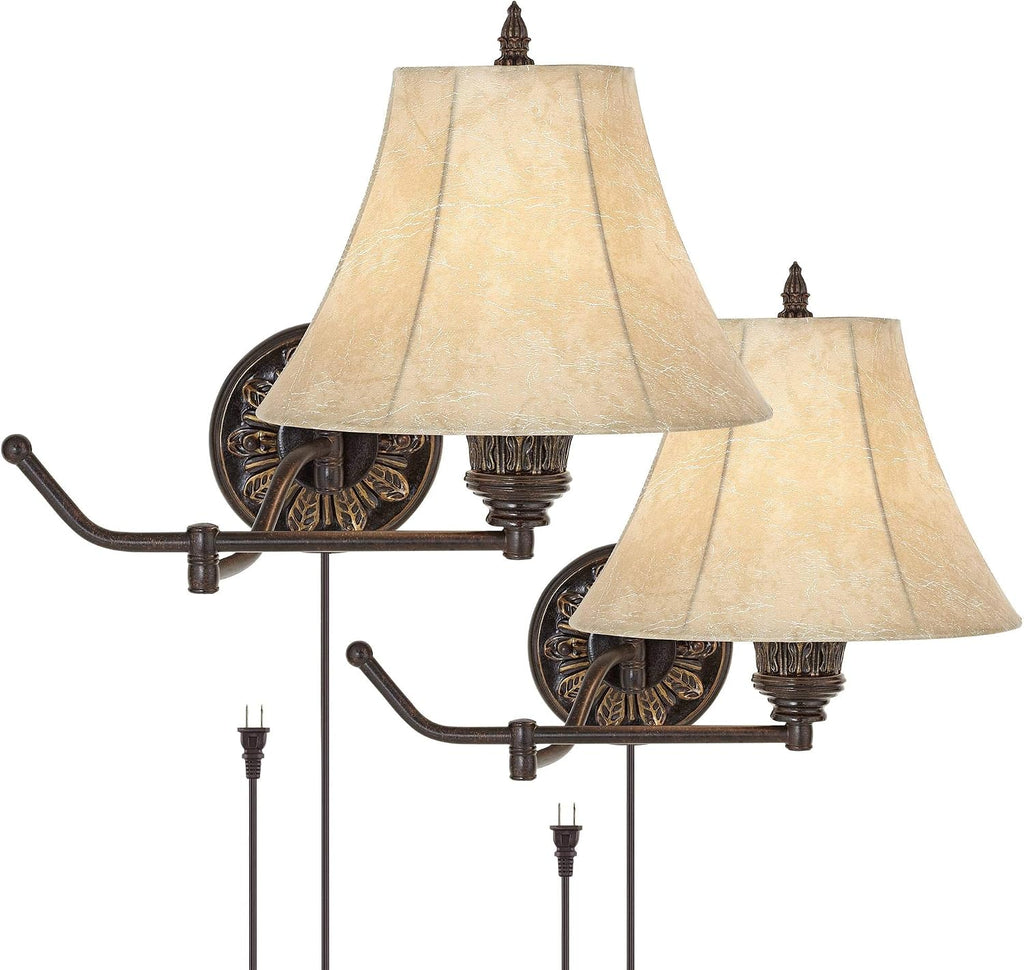 Barnes and Ivy Rosslyn Rustic French Country Swing Arm Wall Lamps Set of 2 Bronze Plug-in Light Fixture Faux Leather Bell Shade for Cottage Core Bedroom Bedside House Reading Living Room Home Dining