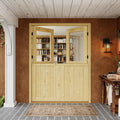Interior Double Dutch Door Slab, 60' x 80', Universal Tempered Clear Glass Split Single Doors, Solid Core Home Door, Natural Pine Wood - with 8 Black Hinges & 2 Latch, Without Jamb