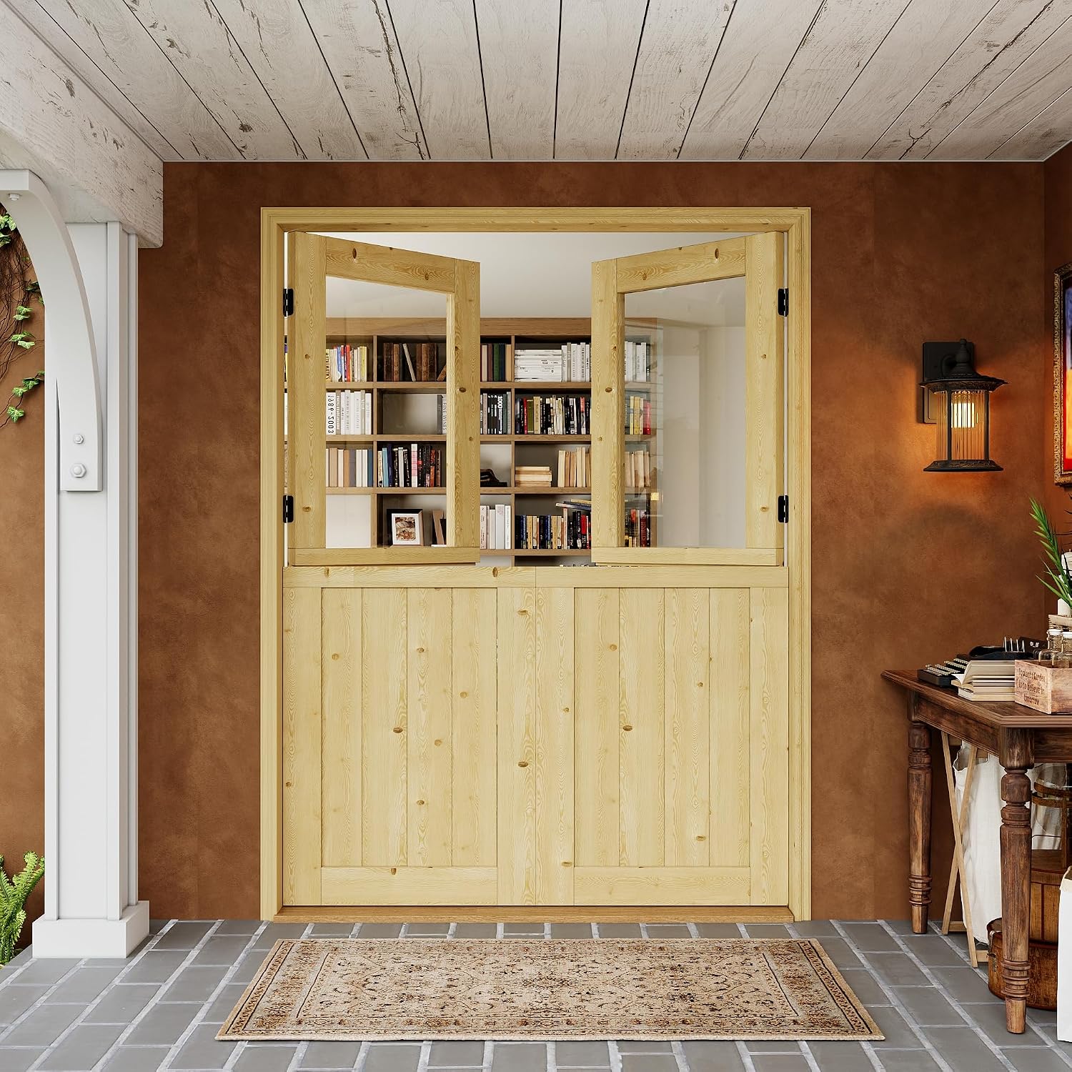 Interior Double Dutch Door Slab, 60' x 80', Universal Tempered Clear Glass Split Single Doors, Solid Core Home Door, Natural Pine Wood - with 8 Black Hinges & 2 Latch, Without Jamb