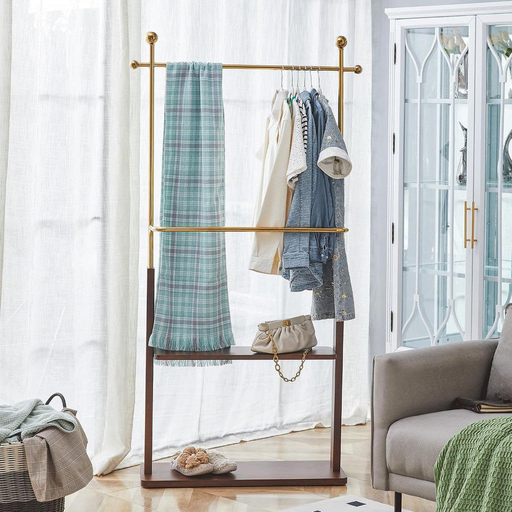 CHANCEE 68.9' Golden Stainless Steel and Walnut Solid Wood Double-Layer Coat Rack, Modern Freestanding Clothes Hanger with Storage Shelf, Multi-Functional Entryway Organizer Cabinet