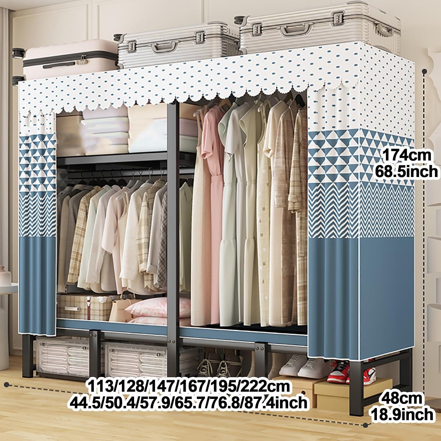 Wardrobe Closet With Cover, Foldable Garment Rack For Hanging Clothes, Metal Freestanding Clothing Rack, Coat Storage Organizer With Rods, For Bedroom, Dorm(Blue2,128cm/50.4inch)