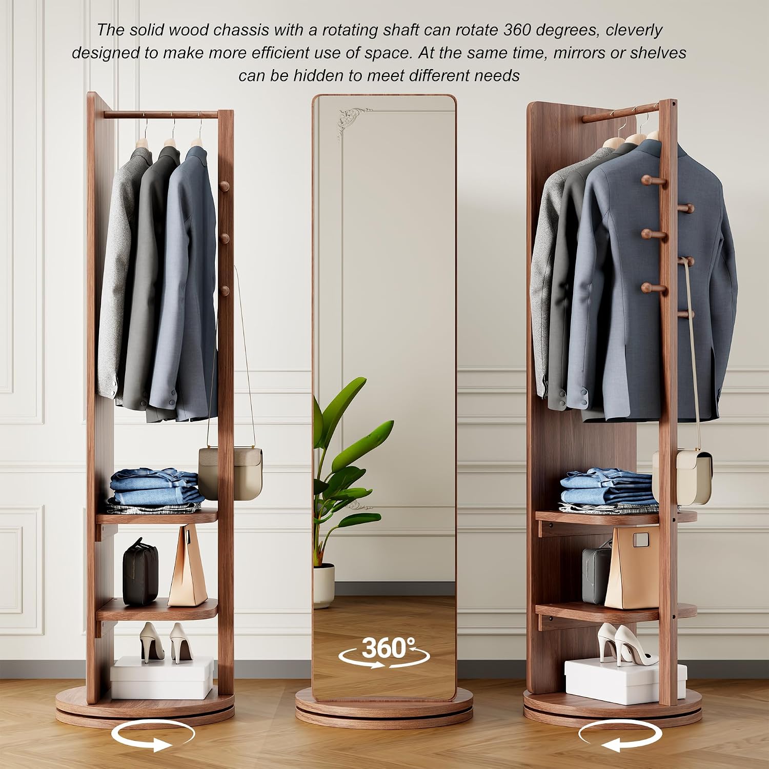 CHANCEE 360° Rotating Mirror Coat Rack, Solid Wood Standing Mirror with Storage Hooks and Shelves, Space-Saving Multifunctional Organizer for Bedroom, Living Room, or Cloakroom (Walnut)