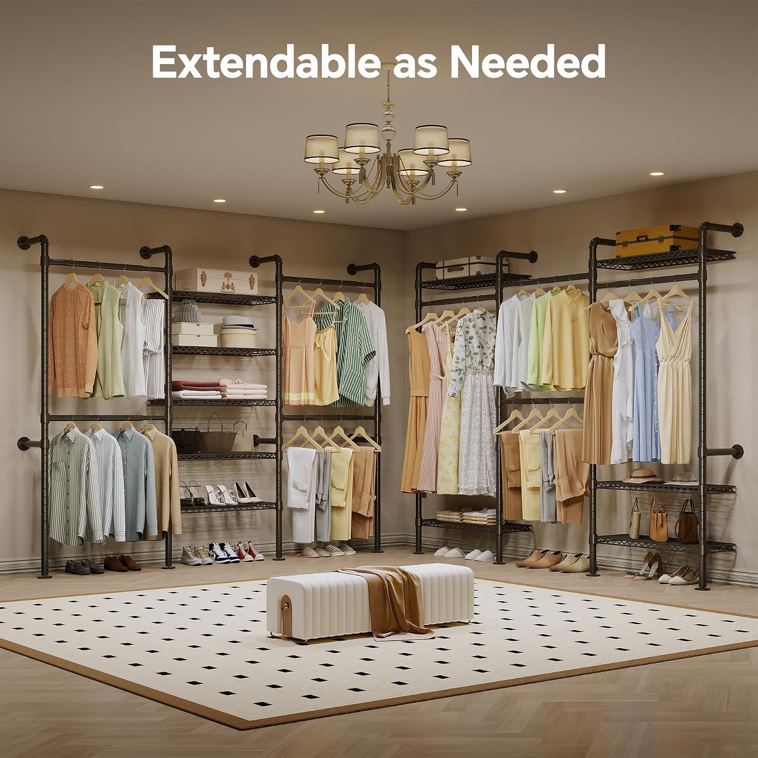 Higeego W3 Industrial Pipe Clothing Rack, Wall Mounted Clothes Rack Closet Wardrobe System with Expandable Hanger Rods Adjustable Storage Shelves, Heavy Duty Corner Walk-in Closet System, Black