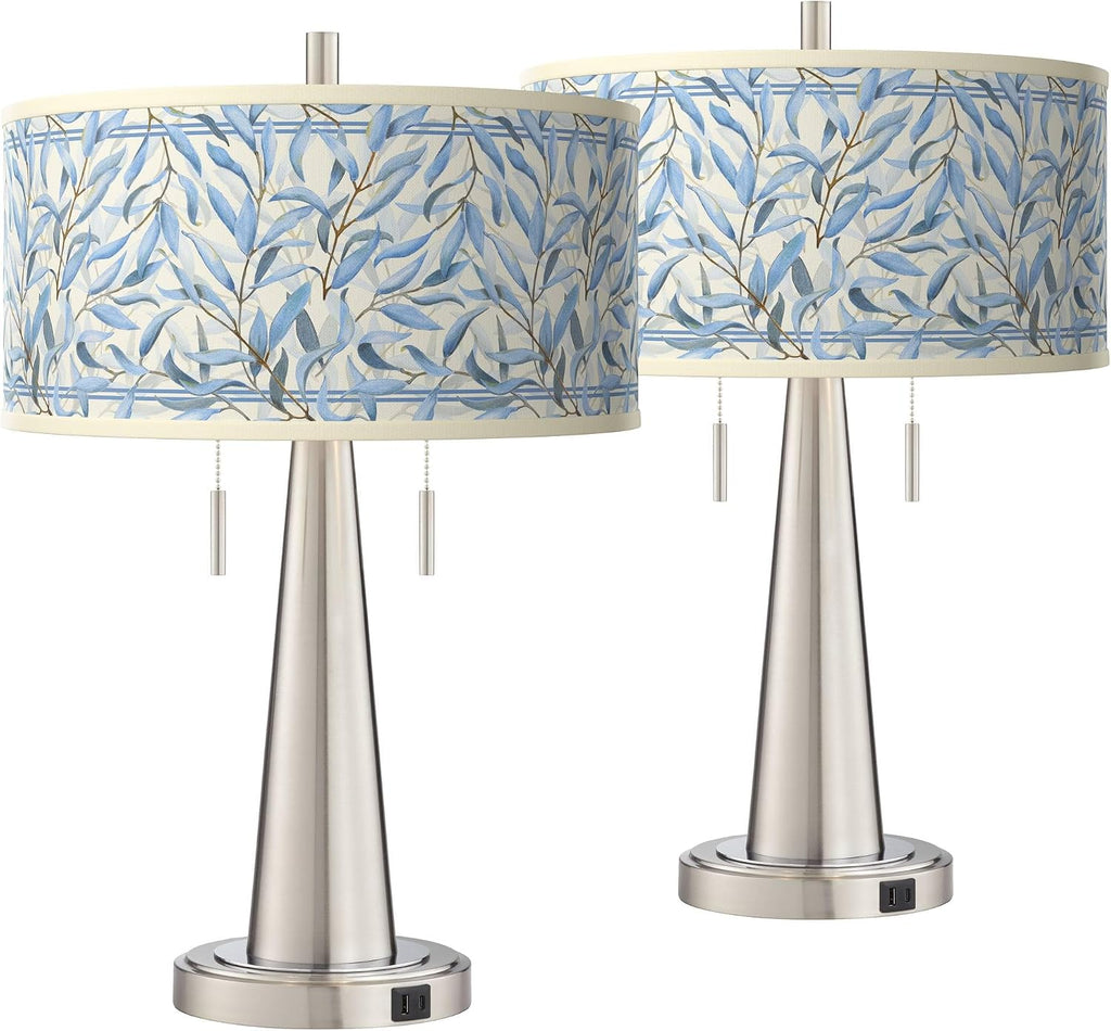 Giclee Glow Vicki 23' High Small Modern Accent Table Lamps Set of 2 USB Port Pull Chain Silver Brushed Nickel Finish Metal Blue Amity Shade Living Room Charging Bedroom Bedside Nightstand House