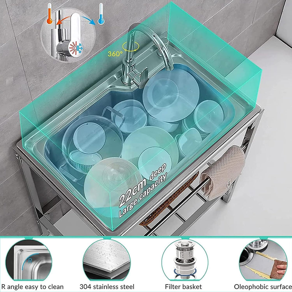 Utility Sink Free Standing Commercial Kitchen Stainless Steel Sink 1 Compartment Workbench Sink with Hot Cold Water Pipes Tap Anti-Overflow for Outdoor Garage Utility Room Laundry