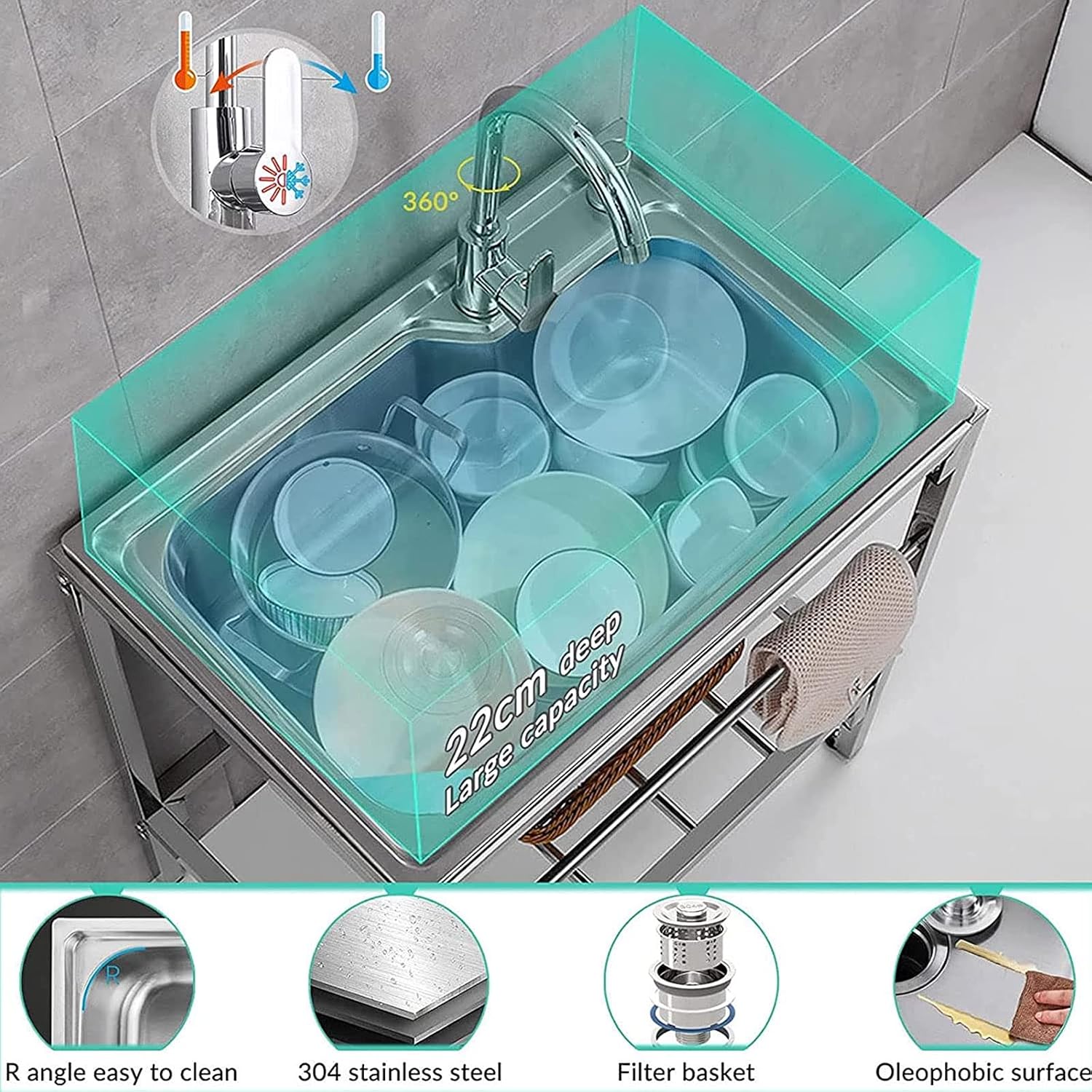 Utility Sink Free Standing Commercial Kitchen Stainless Steel Sink 1 Compartment Workbench Sink with Hot Cold Water Pipes Tap Anti-Overflow for Outdoor Garage Utility Room Laundry