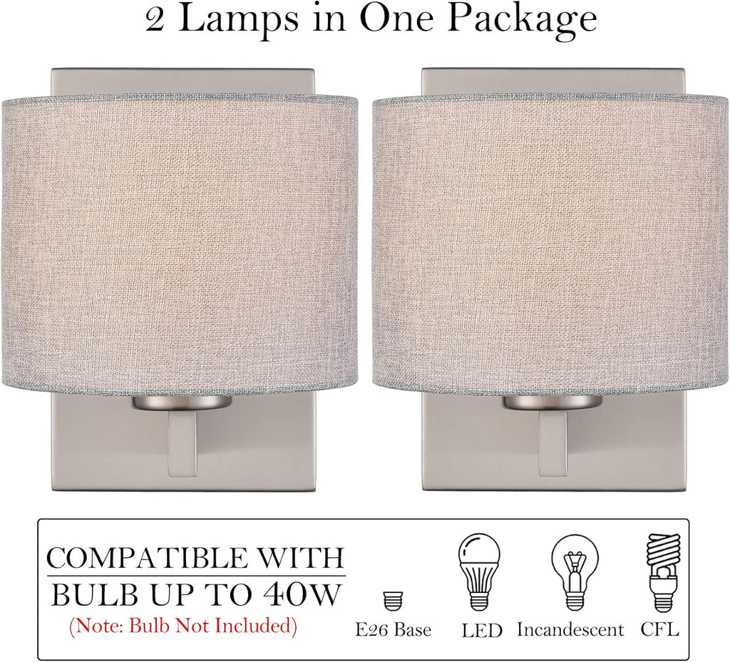 SAMTEEN Modern Wall Sconces Set of Two Brushed Nickel Sconces Wall Lighting 1-Light Drum Wall Sconce Fabric Shade Wall Lamps for Bedroom Hallway Living Room Bathroom