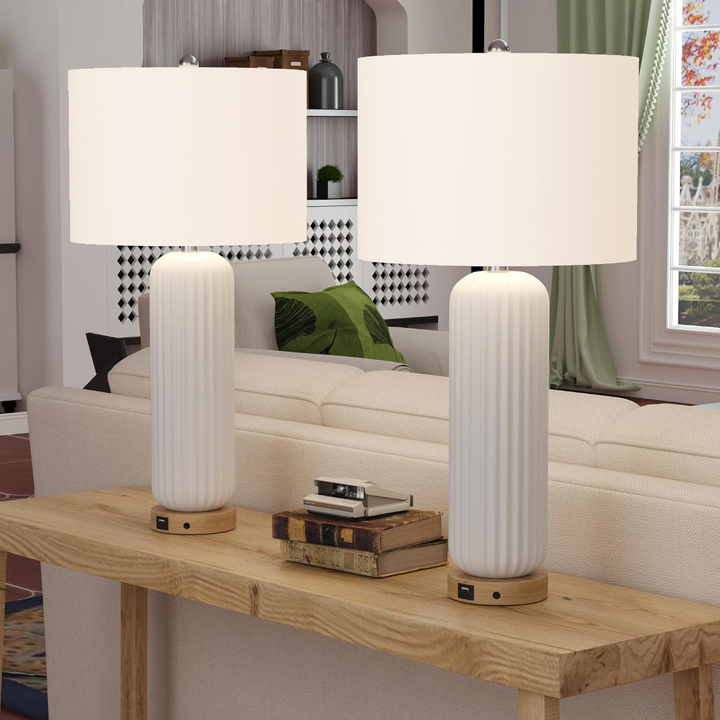 Maxax 28' Ceramic Table Lamps Set of 2, White Modern Nightstand Lamp with USB Charging Port, 3 Way Dimmable Bedside Lamp with Linen Shades for Bedroom, Living Room and Office