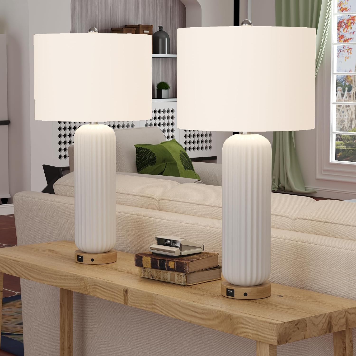 Maxax 28' Ceramic Table Lamps Set of 2, White Modern Nightstand Lamp with USB Charging Port, 3 Way Dimmable Bedside Lamp with Linen Shades for Bedroom, Living Room and Office