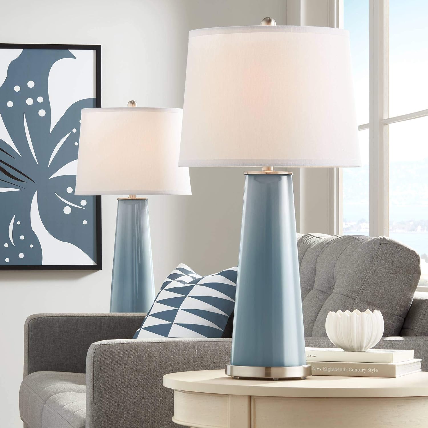 Color + Plus Leo 29 1/2' Tall Modern Coastal End Table Lamps Set of 2 Smoky Blue Finish Glass Fabric White Shade Living Room Bedroom Bedside Nightstand House Office Family Reading Kitchen Entryway