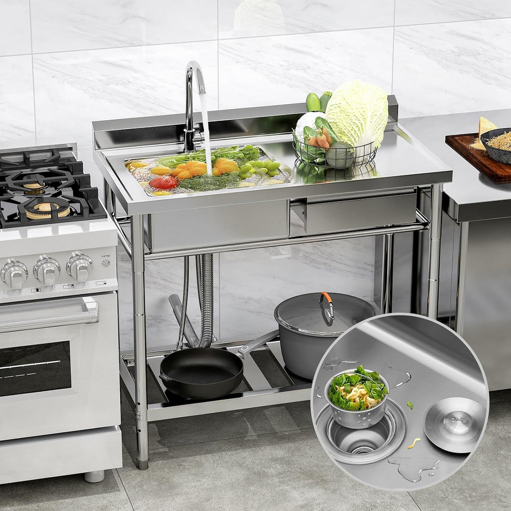 Stainless Steel Utility Sink, 39'' Free Standing Single Bowl Kitchen Sink with Left Right, Cold and Hot Water Pipe, Indoor and Outdoor for Laundry Room Farmhouse Kitchen(39 inch)