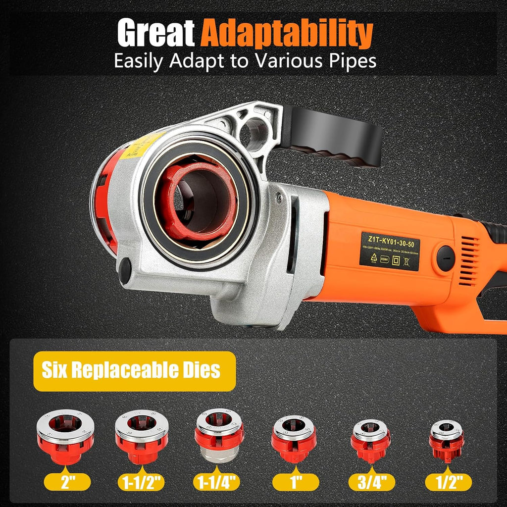 Electric Pipe Threader, 2300W Pipe Threading Machine Heavy-Duty Hand-Held Power Drive Kit Portable With 6 Dies 1/2-Inch to 2-Inch Pipe Threading Die Heads, Ratchet Pipe Threader Kit