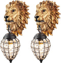 2 Pack Gold Hallway Wall Sconce Light Crystal Glass Wall Mount Light 1-Light Black Metal Cage with Resin Lion Head Design, Vintage Farmhouse Wall Light for Living Room Bedroom