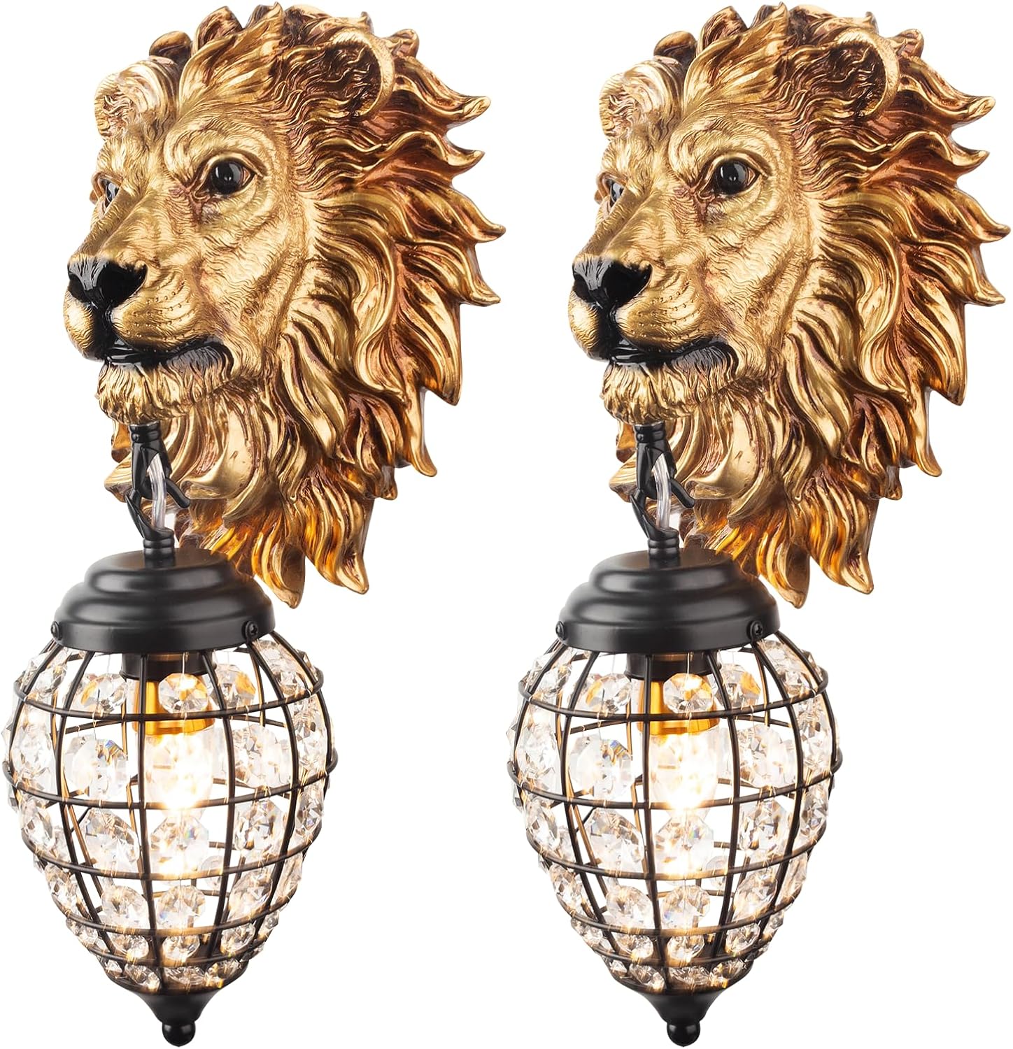 2 Pack Gold Hallway Wall Sconce Light Crystal Glass Wall Mount Light 1-Light Black Metal Cage with Resin Lion Head Design, Vintage Farmhouse Wall Light for Living Room Bedroom