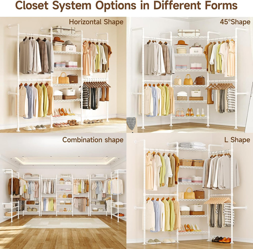 ONBRILL H3 Expandable Wall Mounted Closet System, 5.4FT-8.1FT Closet Organizer with 4 Telescopic Rods & 6 Wire Shelves, Industrial Pipe Clothing Rack for Walk-in & Reach-in Closet (White)