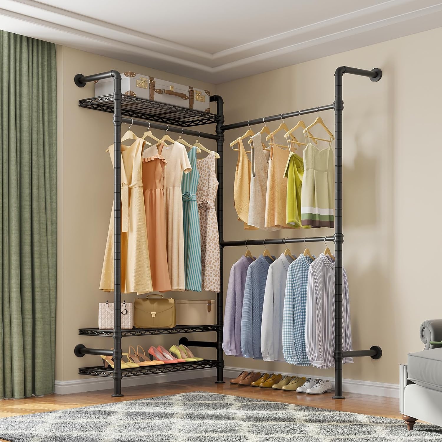 Timate L2 Wall Mounted Clothes Rack Industrial Pipe Clothing Rack for Hanging Clothes, Adjustable Expandable Garment Rack Heavy Duty Closet Organizer, Black Mounted Storage Industrial Closet System