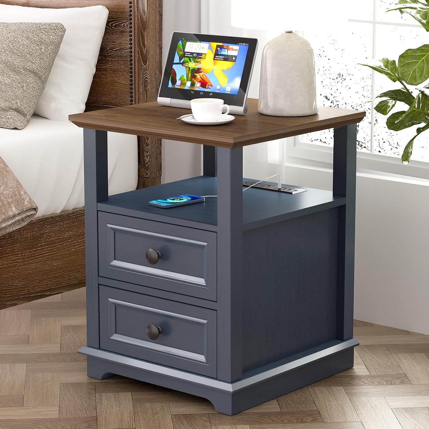 REDAYFUR 24' Tall Nightstand with Charging Station Set of 2, Fast Charge End Table Set of 2, Large 18' Bedside Table with Drawers, Storage Cabinet with Open Shelf for Bedroom, Blue
