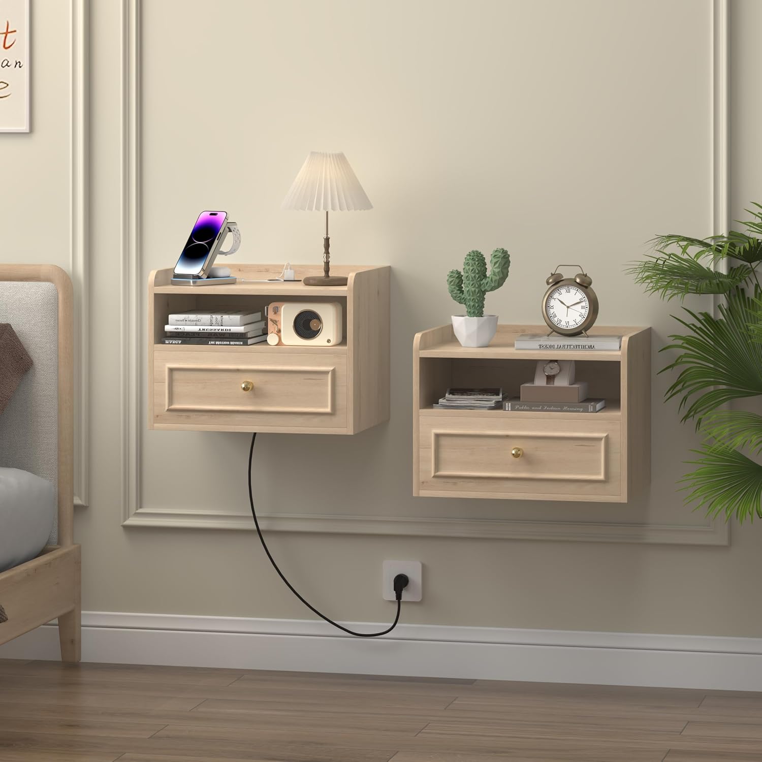 Floating Nightstand with Charging Station Set of 2, Modern Wall Mounted Bedside Tables with Drawer & Open Shelf, Modern Hanging Table with USB & Type C Ports for Bedroom, Small Spaces (White Oak)